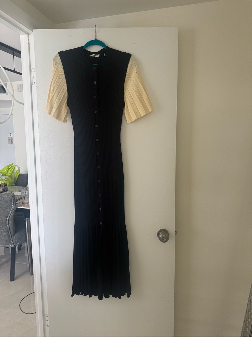 Sandro Black Ribbed Maxi Dress with Cream Short Sleeves NWOT